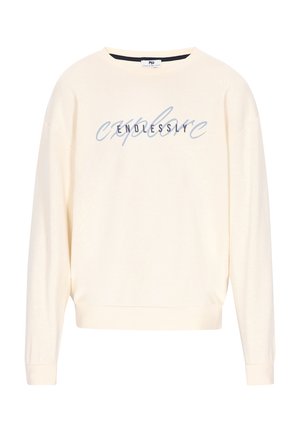 Krémová mikina s širokým výstřihem, klesajícími dlouhými rukávy a žebrovaným lemem. Na přední straně se nachází grafika "nekonečně" v modrém písmu.