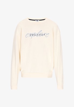 Krém színű pulcsi széles nyakkivágással, esővállas hosszú ujjakkal és bordázott szegéllyel. Kék írásmóddal készült "endlessly" grafika díszíti.