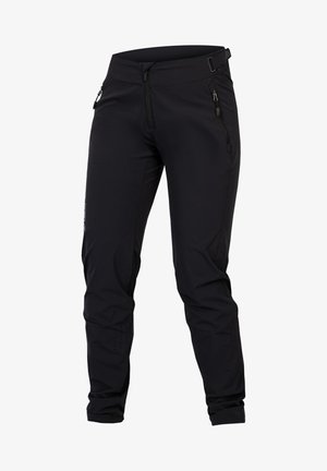 Czarne spodnie outdoorowe o dopasowanym kroju, z zamykanymi kieszeniami, szlufkami na pasek oraz siateczkowymi wstawkami w pobliżu dolnych części nogawek dla wentylacji.