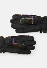 Luvas pretas com um exterior de fleece macio e multicolorido, com tons de verde, castanho e azul. Pulso elástico para um ajuste confortável.