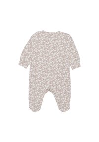 Langärmliger Babystrampler in Hellbraun, mit einem zarten weißen Blumenmuster, aus weichem Stoff mit lockerer Passform und umschlagbaren Ärmeln.