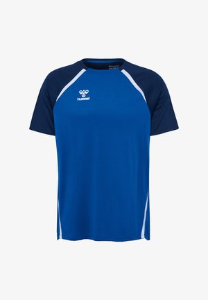 Blaues Sport-T-Shirt mit kurzen Ärmeln, einem runden Halsausschnitt und dunkelblauen Raglanärmeln mit weißen Akzenten. Hergestellt aus leichtem Stoff.