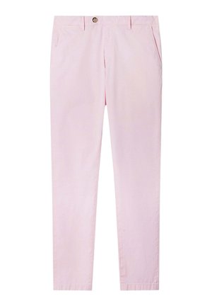 Pantaloni dritti rosa chiaro con tasche frontali, passanti per cintura e chiusura con bottone marrone in vita.