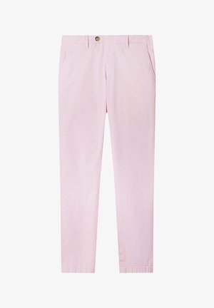 Pantaloni dritti rosa chiaro con tasche frontali, passanti per cintura e chiusura con bottone marrone in vita.