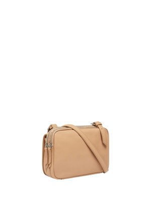 Mała beżowa torebka na ramię z dwoma komorami zapinanymi na zamek i regulowanym paskiem na ramię.