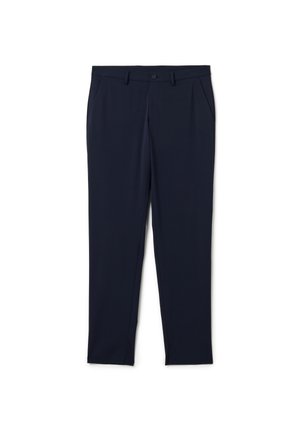 Pantaloni dritti blu navy con chiusura a bottone e zip, passanti per cintura e tasche laterali su sfondo bianco semplice.