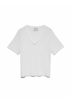 T-shirt blanc à manches courtes avec un col en V, fabriqué en tissu léger. Présente une coupe décontractée et un ourlet avec un bord ondulé subtil.