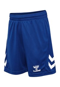 Shorts de sport bleus avec taille élastique, logo blanc Hummel et bandes en chevron sur les côtés.