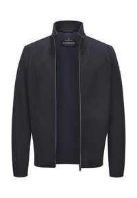 Marinefarbene Zip-Jacke mit gerippter Textur, hohem Kragen, langen Ärmeln und einem kontrastierenden Innenfutter. Verfügt über ein Logopatch am Ärmel.