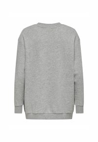 Sudadera gris de manga larga, con cuello redondo y puños acanalados. Textura suave y ajuste casual, con un dobladillo recto en la parte trasera.