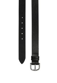 Schwarzer Leder-Gürtel mit strukturiertem Finish, ausgestattet mit einer silbernen Metallschnalle und fünf verstellbaren Löchern entlang des Riemens.