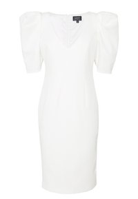 Biała sukienka o dopasowanej sylwetce, z teksturowanej tkaniny, z bufiastymi rękawami i dekoltem w kształcie V. Posiada ukryty zamek z tyłu.