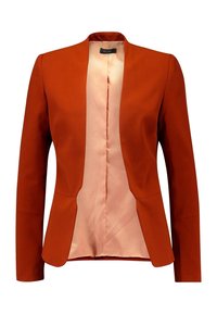 Blazer in terracotta con un design elegante e strutturato, maniche lunghe e fodera in raso rosa chiaro. Non presenta bottoni e ha una vestibilità sartoriale.