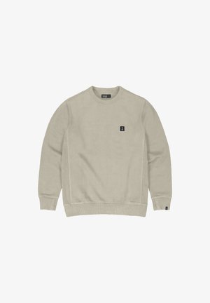 Beige sweatshirt met een ronde hals, lange mouwen en een klein zwart logo op de voorkant. Zachte textuur met ribgebreide manchetten en een onderrand.