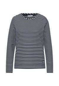 Langärmliges Oberteil mit einem navy- und weißen Streifenmuster, rundem Halsausschnitt und weichem Stoff. Markenetikett an der Unterseite.