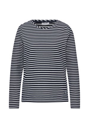 Long-sleeve top featuring a navy and white striped pattern, round neckline, and soft fabric texture. Brand label at the lower side.
