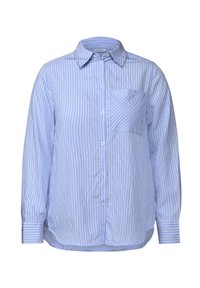 Button-up shirt in light blue with white vertical stripes. Long sleeves, collar, and single chest pocket with a striped pattern. Soft fabric texture.