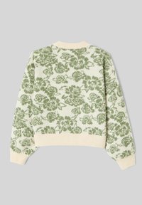Pull en maille crème avec motif floral vert ; présente un col ras-du-cou et des poignets côtelés, ainsi qu'une coupe décontractée. Convient pour une tenue décontractée.