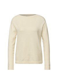Crèmekleurige trui met lange mouwen, gemaakt van zachte gebreide stof. Heeft een brede halslijn en geribbelde manchetten en zoom, met een relaxte pasvorm en zonder patronen.