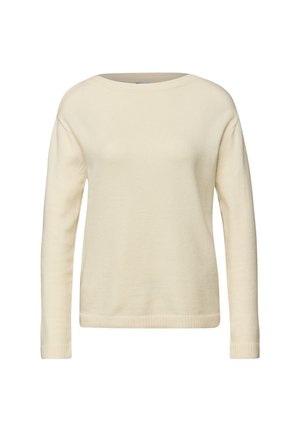 Kremowy sweter z długim rękawem wykonany z miękkiej dzianiny. Posiada szeroki dekolt oraz prążkowane mankiety i dół, z luźnym krojem i bez wzorów.