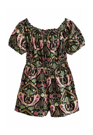 Black floral jumpsuit with off-the-shoulder neckline, puff sleeves, elastic waist, and colorful paisley and floral patterns throughout.