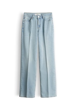 Jean large en denim bleu clair à taille haute, avec cinq poches et une fermeture par bouton. Caractérisé par des jambes droites et une décoloration minimale.