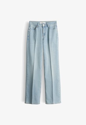 Lichtblauwe denim broek met wijde pijpen, een hoge taille, vijf zakken en een knoopsluiting. Heeft rechte pijpen en minimale vervaging.