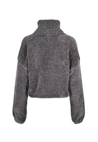 Pull en maille côtelée gris foncé avec longues manches ballon et col roulé plié, vu de dos sur fond blanc.