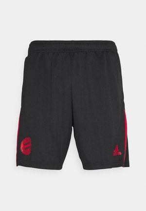 Short de sport noir avec logos rouges du FC Bayern Munich et d'Adidas, doté d'une ceinture élastique et de panneaux latéraux rouges.