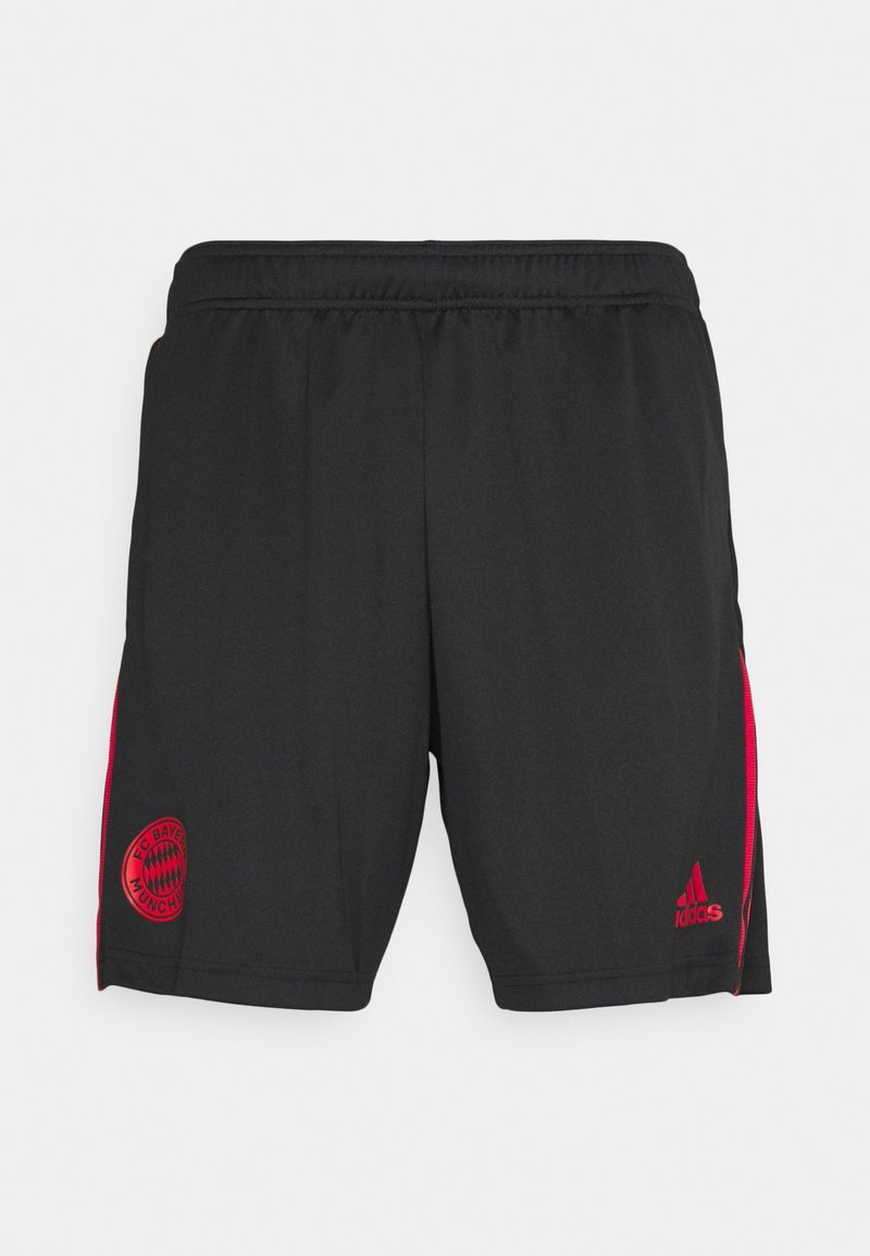 Short de sport noir avec logos rouges du FC Bayern Munich et d'Adidas, doté d'une ceinture élastique et de panneaux latéraux rouges.