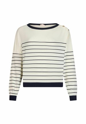 Pull blanc à manches longues avec des rayures horizontales bleu marine, un col, des poignets et un ourlet bleu marine, ainsi que deux boutons dorés sur l'épaule gauche.