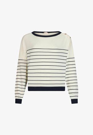 Pull blanc à manches longues avec des rayures horizontales bleu marine, un col, des poignets et un ourlet bleu marine, ainsi que deux boutons dorés sur l'épaule gauche.