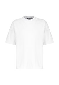 Weißes T-Shirt mit kurzen Ärmeln. Rundhalsausschnitt mit lockerer Passform. Glatte Textur; keine Muster oder Akzente. Einfaches und minimalistisches Design.