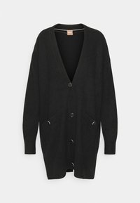 Cardigan en maille noire surdimensionné avec manches longues, col en V, fermeture à boutons sur le devant et deux poches avant avec détails à boutons.
