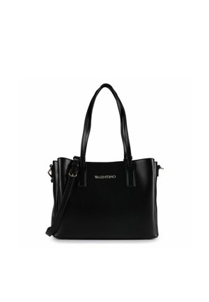 Bolso Valentino de cuero negro con doble asa superior, correa de hombro desmontable y logo plateado en el centro frontal.