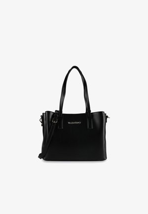 Borsa a mano nera Valentino in pelle con doppi manici superiori, tracolla staccabile e logo argentato al centro della parte anteriore.