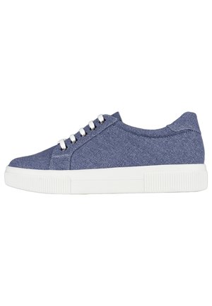 Blue fabric sneaker with white rubber sole, round toe, six eyelet lace-up, and a textured design across material.