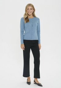 Mėlyna megzta kardiganas su ilgomis rankovėmis ir mygtukų užsegimu, derinamas su juodomis plėšytomis kelnėmis ir juodais butais. Švelni, tekstūruota medžiaga.