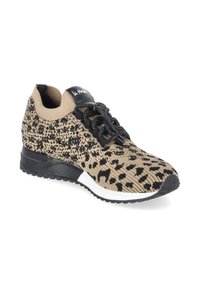 Beige and black leopard print knitted sneaker with black laces, padded collar, black and white sole, and branded black tongue label.