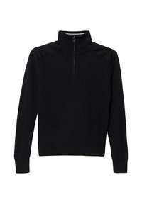 Schwarzer Pullover mit einem Reißverschluss und Stehkragen. Verfügt über ein strukturiertes Strickmuster und feste Stoffeinsätze an den Schultern. Rippstrickbündchen und unterer Saum.