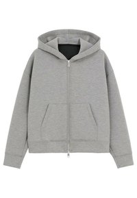 Sweat à capuche gris zippé en mélange de coton. Il présente une fermeture éclair frontale, de grandes poches et une capuche attachée avec une coupe décontractée.