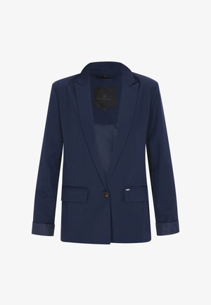 Tengerészkék blézer sima anyagból, hajlított reverrel, egysoros gombolással, két első zsebbel és az ujjon finom logóval.
