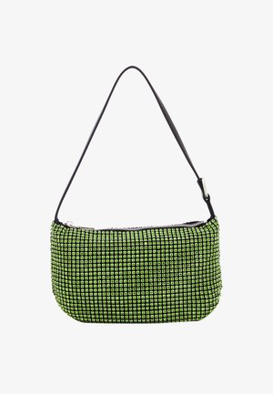 Fekete és zöld kézitáska, amely kis műgyémántokkal díszített textúrával rendelkezik, cipzáras teteje és egy állítható vállpántja van.