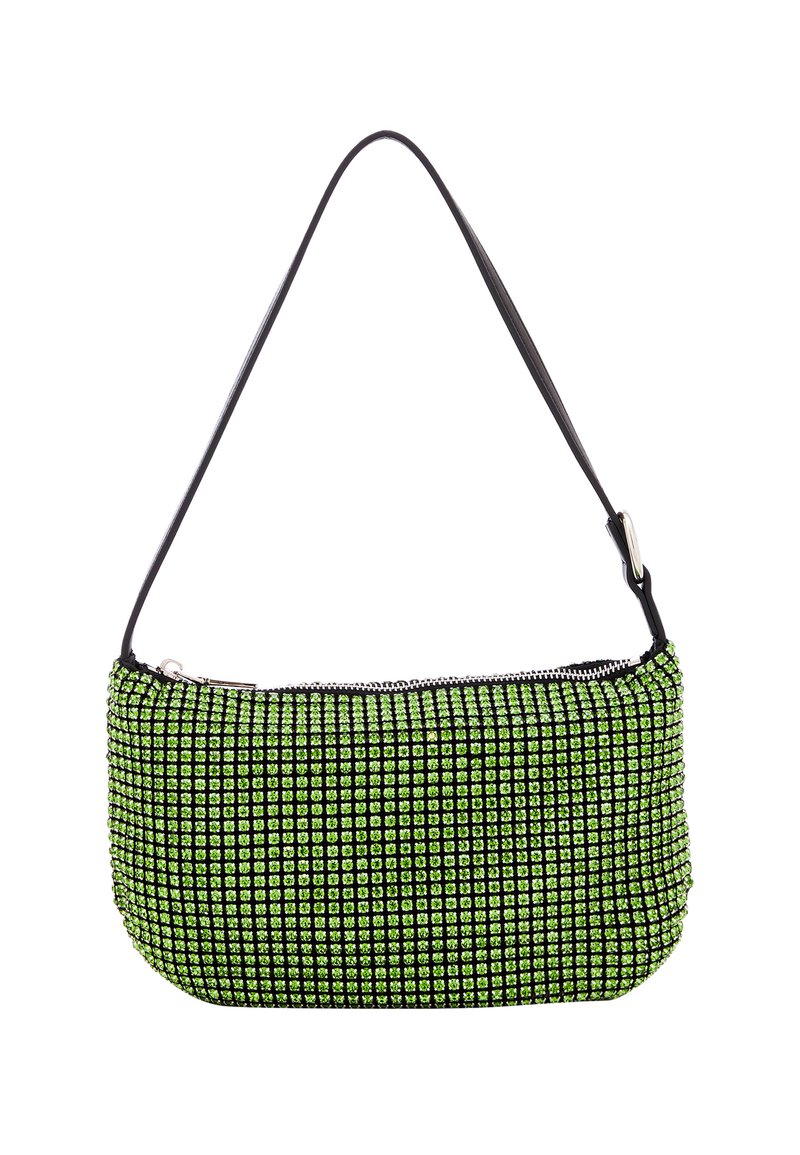 Borsa nera e verde con un motivo testurizzato di piccoli strass, chiusura con zip sulla parte superiore e una singola tracolla regolabile.