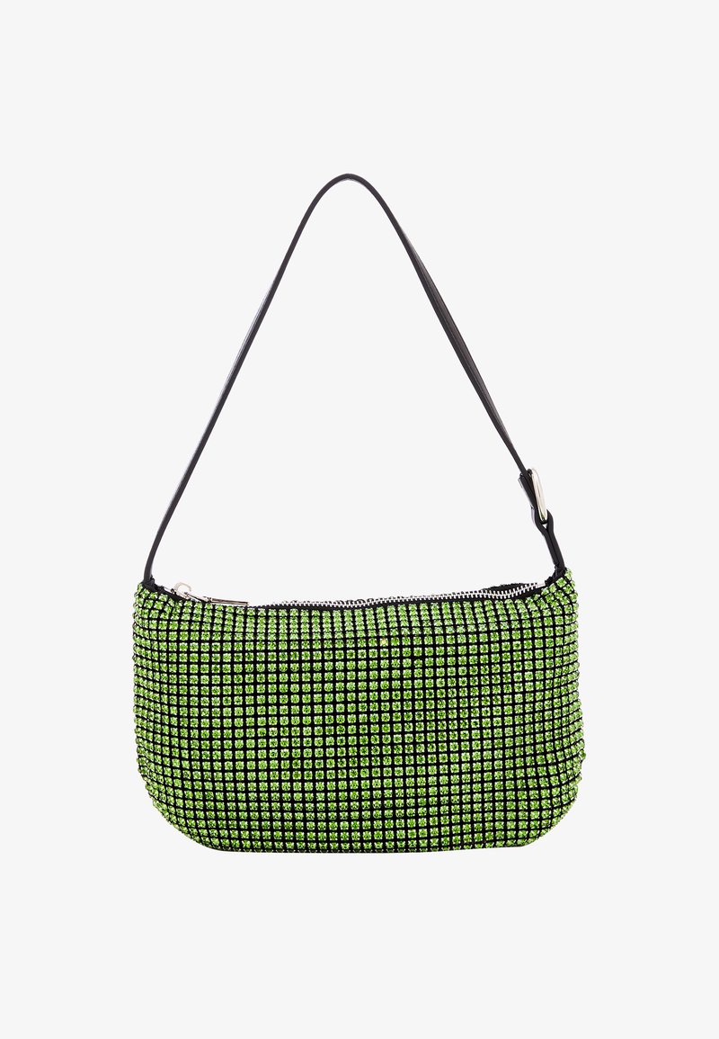 Fekete és zöld kézitáska, amely kis műgyémántokkal díszített textúrával rendelkezik, cipzáras teteje és egy állítható vállpántja van.