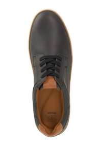 Black leather sneaker with a smooth texture, tan accents on the heel, black laces, and a rubber sole. Interior is tan.