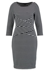 Schwarz-weiß gestreiftes Kleid mit langen Ärmeln, figurbetonter Form, rundem Ausschnitt und Wickeldesign mit Zickzackmustern.