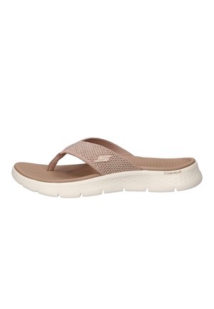 Beige Skechers Go Walk sandal with knitted fabric straps, textured footbed, and thick white cushioned sole for casual wear.