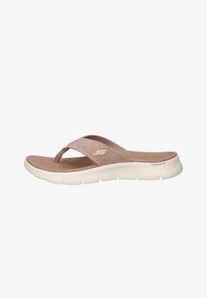 Beige Skechers Go Walk sandal with knitted fabric straps, textured footbed, and thick white cushioned sole for casual wear.