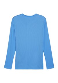 Lichtblauwe langemouwen shirt van textuurmeshstof, met een ronde halslijn en een rechte snit aan de onderkant.